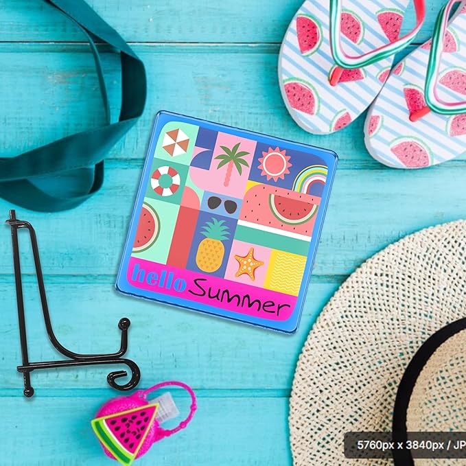 Hello Summer Acrylic Sign With A Metal Support - 4x4" Seasonal Abstract Summer Vibe Tabletop Acrylic Plaque - Home Desk Office Shelf Aesthetic Display Art Decoration & Favors For Women Men - A04