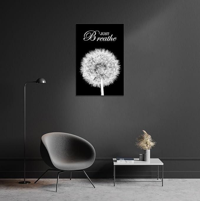 YIOZHAOFH Black Dandelion Picture Artwork Bedroom Decoration Just Breathe Canvas Painting Photo Relaxing Bathroom Art Wall Decor Framed for Home Meditation Room Office Dorm (12L x 16W)
