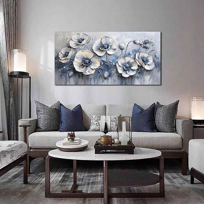 AOZEMI Large White Flower Canvas Wall Art for Living Room Bedroom Home Office Blue Picture Modern Floral Canvas Wall Decor Prints Artwork 24"x 48"