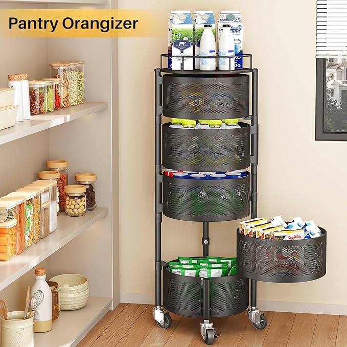 SNTD Fruit and Vegetable Basket Bowls for Kitchen with Metal Top Lid, 5 Tier Rotating Storage Rack Cart for Potato Onion Bread Banana, Wire Basket Organizer on Wheels, Large, Black