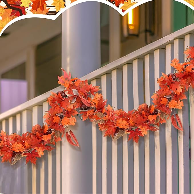 Zeyune 1 Pcs 6ft Long Fall Footballs Decor Artificial Garland Autumn Mixed Maple Leaves Garland Farmhouse Hanging Rustic Fall Wreath Decor for Front Door Kitchen Fireplace Home Indoor Outdoor