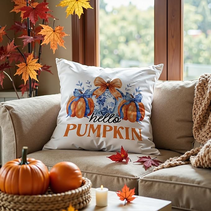 Chinoiserie Fall Pumpkin Pillow Covers 18x18,Autumn Decor,Blue and White Orange Chinoiserie Pumpkin Decorative Throw Pillow Covers for Home Bedroom Living Room
