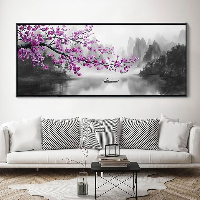 YDYSUNE Large Purple Wall Art Decor for Living Room Bedroom Framed Black and White Landscape Full Moon Purple Flower Painting Canvas Picture Plum Blossom Artwork for Home Office 70x31IN