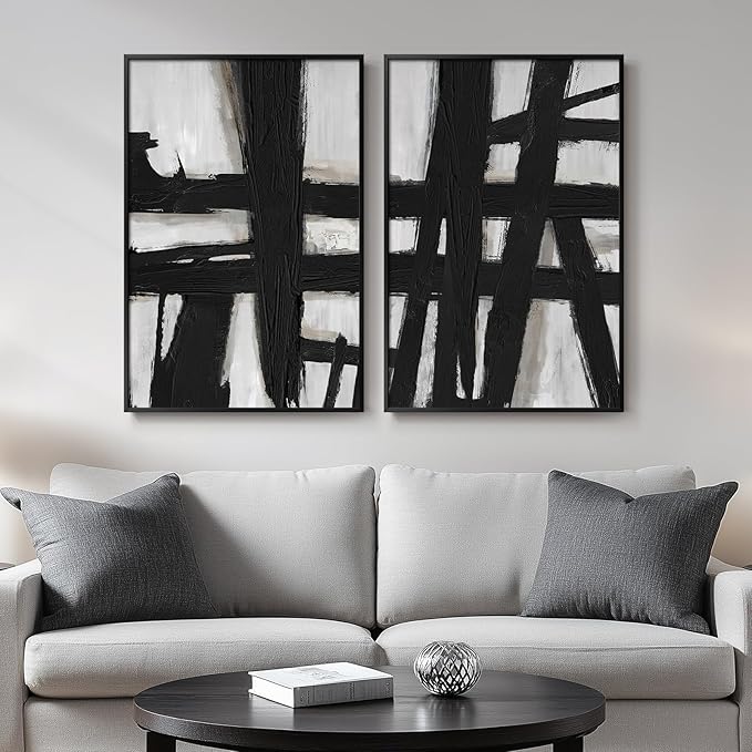 Framed Black and White Abstract Wall Art, 2 Piece Modern Canvas Prints Paintings Artwork for Walls, Minimalist Black Lines Pictures for Living Room Fireplace Dining Room Bedroom Wall Decor 16x24 In