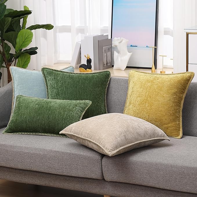 decorUhome Chenille Soft Throw Pillow Covers 18x18 Set of 2, Farmhouse Velvet Neutral Decorative Euro Pillow Covers with Stitched Edge for Couch Sofa Bed Home Decor, Mineral Yellow