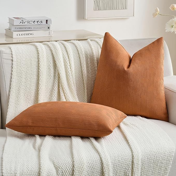 FUTEI Burnt Orange Chenille Decorative Throw Pillow Covers 22x22 Inch Set of 2,Soft Cozy Striped Geometric Patterns Cushion Case,Modern Home Decor for Couch Bed Living Room