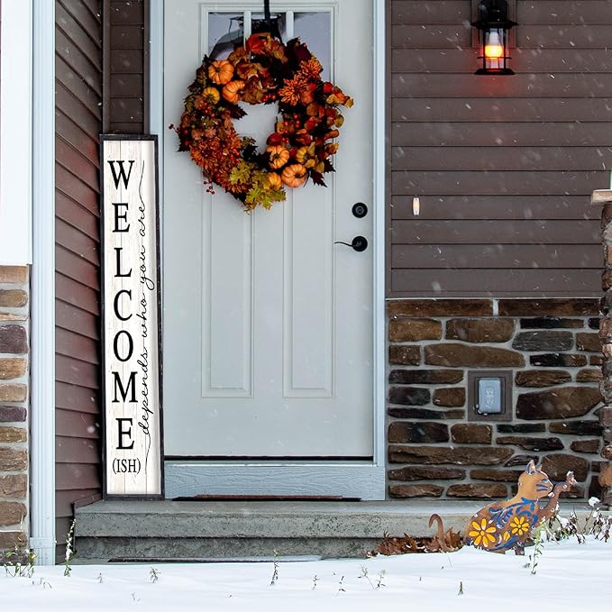 Welcome-ish Sign for Front Porch Standing 45"X9" Large Farmhouse Outdoor Wood Framed Home Vertical Tall Funny Large Welcome Signs For Rustic Modern Outside Front Door Wall Decor (Black)