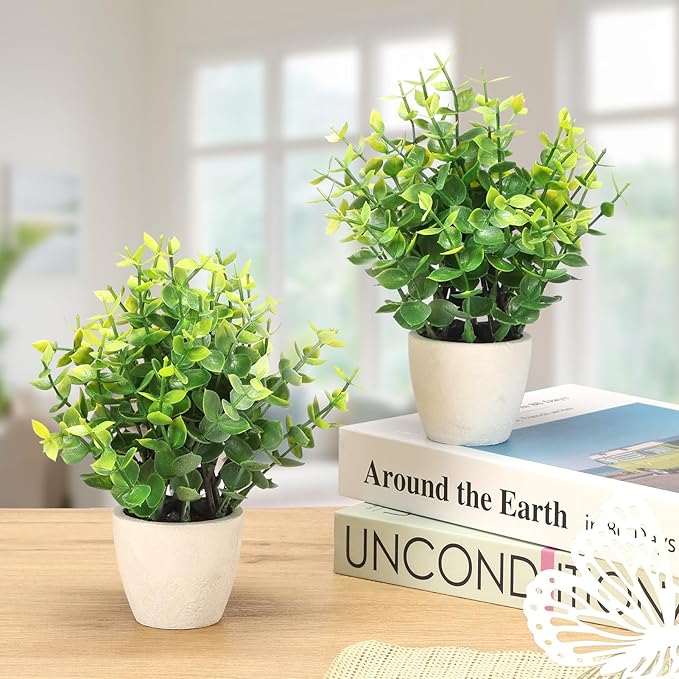 2 Pack Fake Plants Ceramic Mini Artificial Greenery Potted Plants for Home Decor Office Decor Room Decor Farmhouse Decor Indoor Table Bathroom Decor
