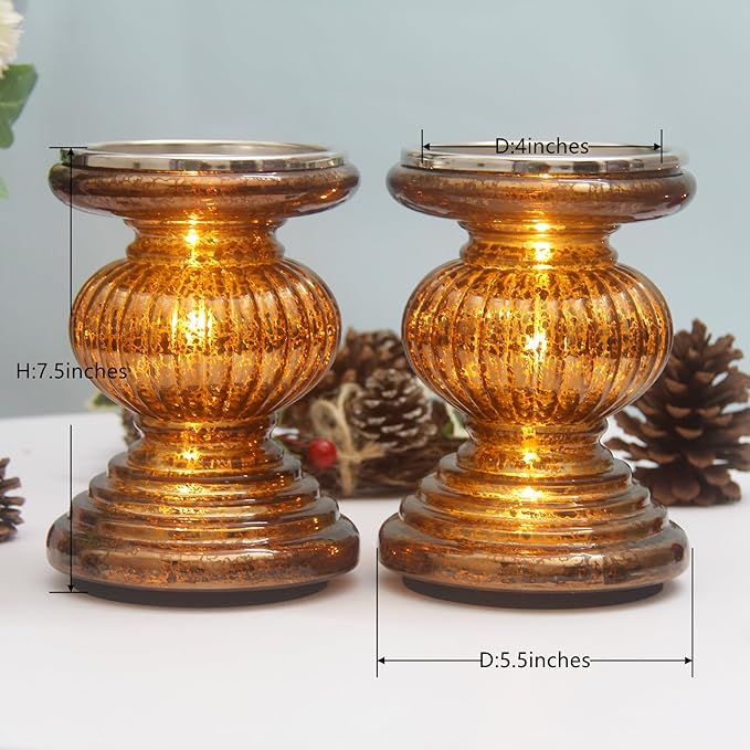 Mercury Glass Pillar Candle Pedestal Holders with Lights Set of 2,Candle Holder for Pillar Candle,Candlestick Holders,Perfect Decoration for Wedding Home Dining Table Xmas(Chocolate)