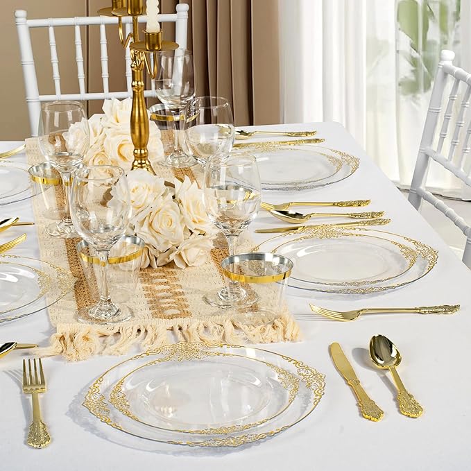350PCS Clear Plastic Plates for 50 Guests, Disposable Dinnerware Sets Include 100 Gold Rim Plastic Plates, 50 Silverwares, 50 Cups, and 50 Pre Rolled Napkins for Party, Graduation