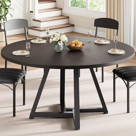 Round Kitchen Dining Room Table Circle Dining Dinner Table with Pedestal Metal Frame, Space Saving Wood Industrial Furniture for Small Space (Black, 47IN)