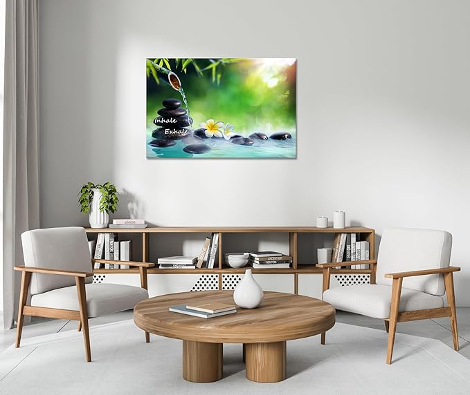 YIOZHAOFH Spa Canvas Print Art Nature Zen Painting Relaxing Bathroom Wall Art Decor White Lotus Pictures Framed Artwork Inhale Exhale Poster Office Decor for Spa Room Bedroom(16L x 24W)