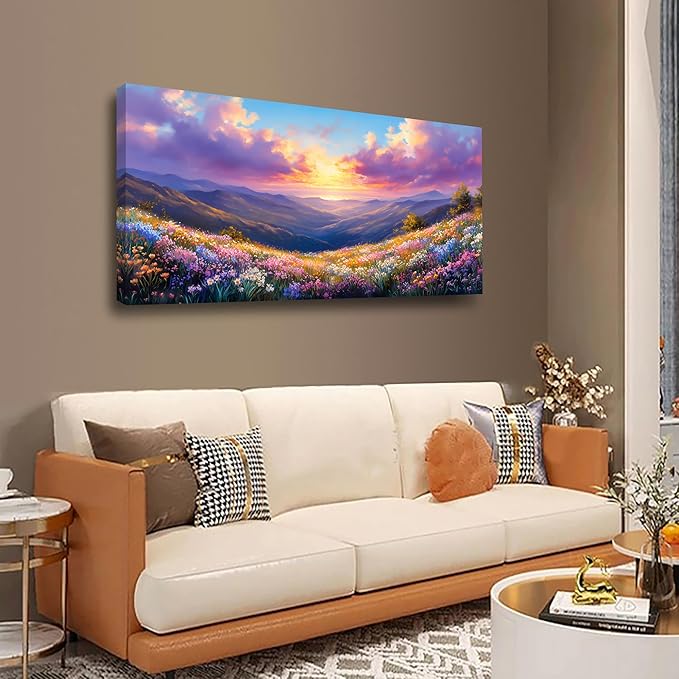 Purple Oil Painting Landscape Wall Art Bedroom Wall Decor Living Room,Purple Abstract Clouds Canvas Wall Art Office Artwork Modern Colorful Flowers Mountain Scenery Wall Art Prints Pictures 20 * 40in
