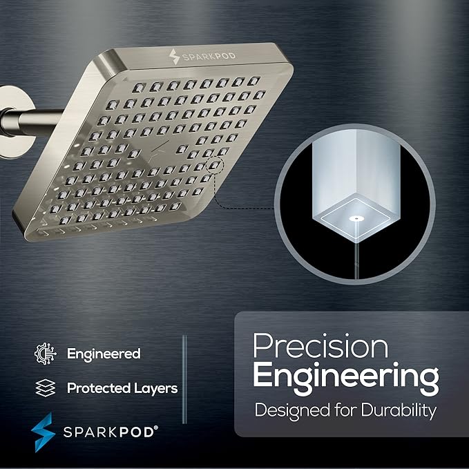 SparkPod Shower Head - High Pressure Rain - Premium Quality Luxury Design - 1-Min Install - Easy Clean Adjustable Replacement for Your Bathroom Shower Heads (Elegant Brushed Nickel, 6 Inch Square)