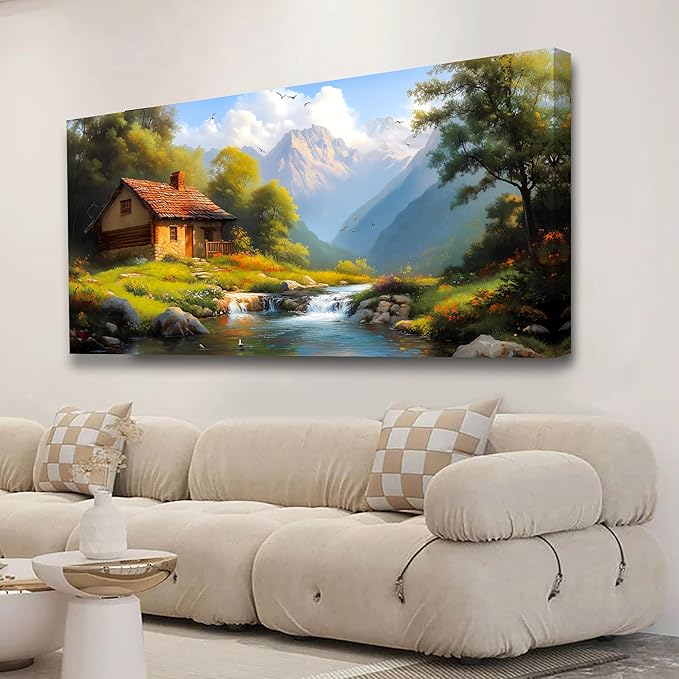 Country House Wall Art Bedroom Landscape Wall Decor Living Room,Oil Painting Green Forest Canvas Wall Art Office Farmhouse Artwork Modern Flowing Water SceneryWall Art Prints Pictures 20 * 40inch