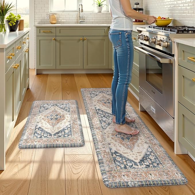 KIMODE Anti Fatigue Kitchen Mats for Floor, Boho Kitchen Rugs Sets of 2, Non Slip Waterproof Kitchen Floor Mat, Ergonomic Cushioned Standing Mat for Sink Laundry Desk Blue Glod 20"x59"+20"x32"