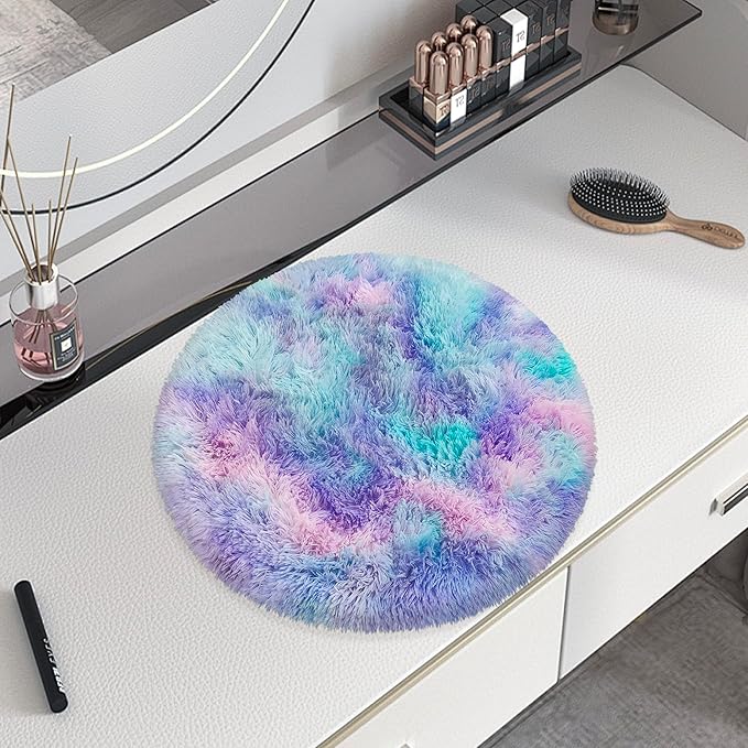 Tie Dye Rainbow Round Rugs Small 2x2 ft Fluffy Circle Rug Furry Carpet Shaggy Circular Fuzzy Plush Area Rug for Girls Bedroom Kids Room Nursery Cute Room Decor Chair Cushion Pet mat Doormat