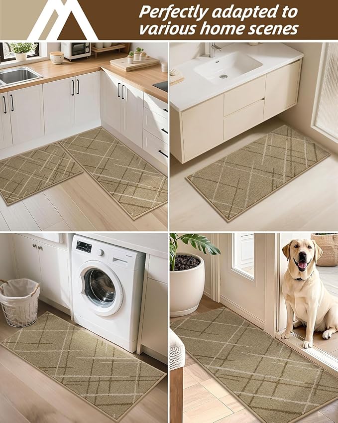 COSY HOMEER Kitchen Mats, 2 PCS Kitchen Rug Non Slip Washable, Absorbent Runner Rugs for Kitchen Floor, Polyester Kitchen Sink Rug 24"x36" + 24"x60"(Beige)