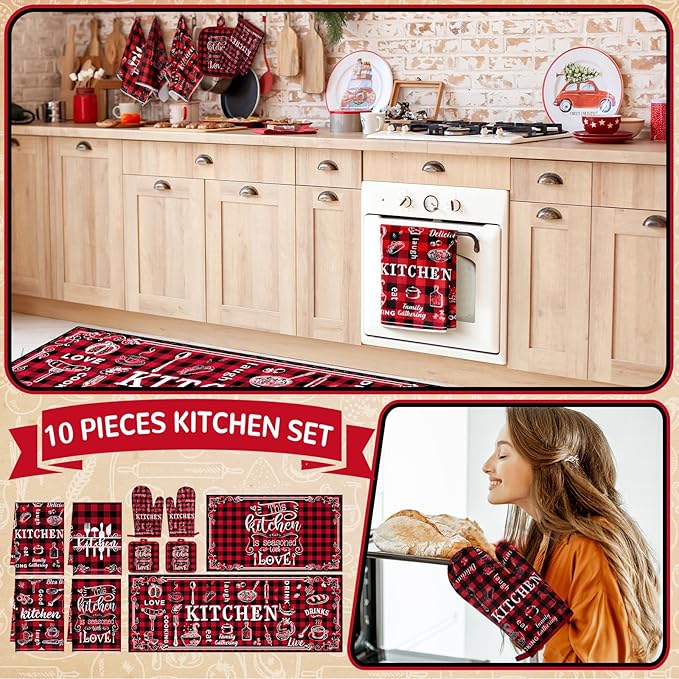 10 Pcs Farmhouse Kitchen Set, Kitchen Towels and Dishcloths Rugs Mats for Floor Oven Mitts and Pot Holders Sets Rustic Hand Towels for Home Decorations Gifts (Red and Black,Retro)