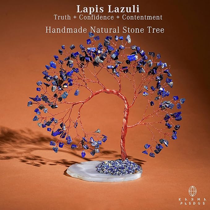 Lapis Lazuli Healing Crystal Tree of Life for Home and Office Decor, Positive Energy, Wealth, Good Luck, Reiki Healing Crystals and Stones, Handmade Feng Shui Decoration, Birthday Gifts for Women