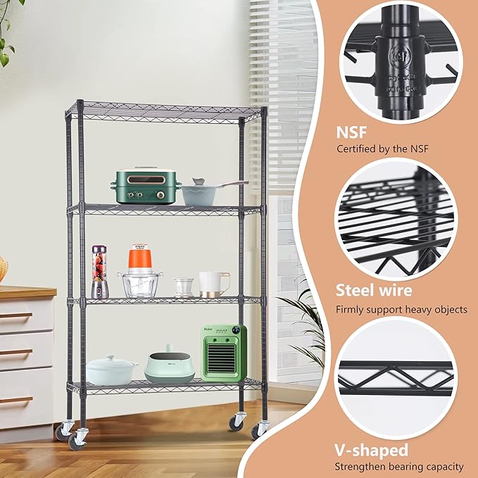 BestOffice | 4-Tier Wire Storage Shelves with Wheels | 36x14x62 | Black | Adjustable Racks | Heavy-Duty Metal Shelf, Holds Upto 500 lbs | No-Tool Assembly | Ideal for Home & Garage Shelving