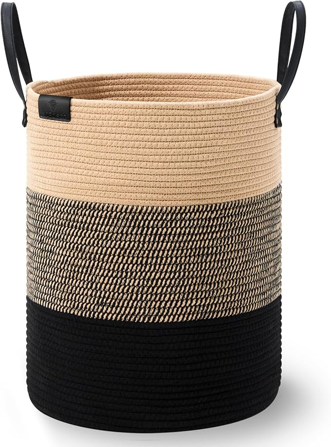 VIPOSCO Tall Laundry Basket, Large Dirty Clothes Hamper with Leather Handle, Woven Rope Storage Basket for Blanket, Toy In Living Room, Bathroom, Bedroom - 53L Brown & Black