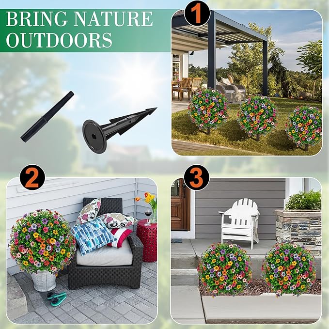 23" Artificial Boxwood Topiary Ball Trees with Colorful Flowers, Set of 2 UV Resistant No Fade Outdoor Faux Plants with Ground Spike, Fake Shrubs for Garden, Patio, Porch, Yard, Indoor Decor