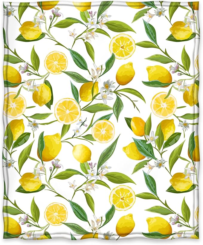 Jekeno Lemon Floral Blanket Yellow Fruits Green Leaves Print Gifts for Women Kids Girls Home Bedroom Living Room Decor Soft Cozy Lightweight Throw Blankets White 50"x60"