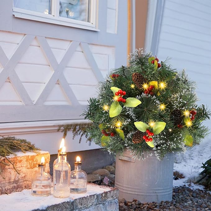 Glintoper Pre-lit Christmas Urn Filler, Lighted Artificial Mini Xmas Pine Trees with Tripod Stake, Light Up 8 Modes & Timer, Battery Powered Outdoor Planter Filler Festival Holiday Home Decor, 2 Pack