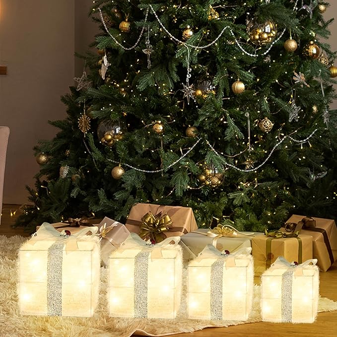 Christmas Lighted Gift Boxes Decorations Set of 4, 3.6Ft Stackable Christmas Nesting Boxes Battery Operated for Home and Party Decoration (10"-8"-6"-5", Silver Bow)