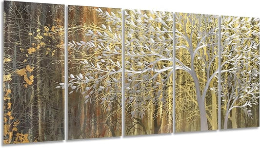 Yihui Arts Gold Metal Wall Art Handcrafted Tree on Aluminum Artwork Modern Forest Pictures with 3D for Living Room Bedroom Kitchen Decor