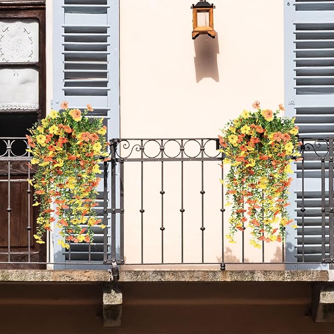 4 Pcs Artificial Hanging Flowers for Outdoor Decor, Fake Hanging Plants UV Resistant Realistic Yellow Orange Fake Hanging Flowers for Outside Garden Porch Spring Summer Decor