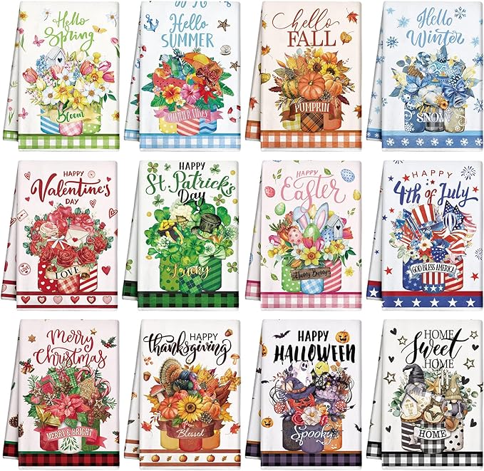 12 Pcs Seasonal Kitchen Towels Set for All Holidays Hand Dish Tea Towels Fall Halloween Christmas Cute Drying Dishcloths Decorative Absorbent Wash Cloths(Flower Style)