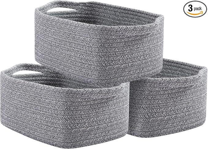 OIAHOMY Cotton Rope Baskets, Woven Baskets for Storage, Nursery Storage Baskets, Rectangle Storage Basket with Handles, Storage Baskets for Shelves, Pack of 3, Gray Variegated
