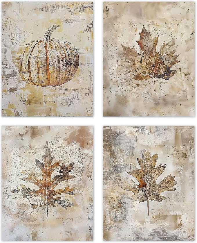 TLESKE Vintage Fall Leaves Pumpkin Posters Prints Unframed 8x10 Set of 4, Autumn Rutsic Maple Oak Leaf Wall Art Prints Decor for Farmhouse Bedroom Living Room, Thanksgiving Wall Pictures