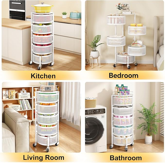 SNTD Fruit and Vegetable Basket Bowls for Kitchen with Metal Top Lid, 5 Tier Rotating Storage Rack Cart for Potato Onion Banana, Wire Basket Organizer on Wheels, Large (White)
