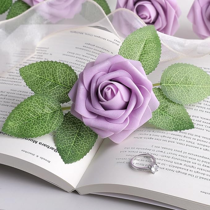 AmyHomie 25pcs Real Looking Artificial Lavender Roses w/Stem for DIY Wedding Bouquets Centerpieces Arrangements Party Baby Shower Home Decorations