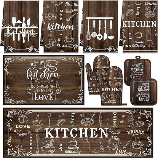 10 Pcs Farmhouse Kitchen Set, Kitchen Towels and Dishcloths Rugs Mats for Floor Oven Mitts and Pot Holders Sets Rustic Hand Towels for Home Decorations Gifts(Brown,Farmhouse)