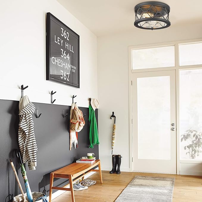 zeyu 2-Light Black Flush Mount Ceiling Light - Modern Industrial Ceiling Light Fixture for Kitchen Hallway Bedroom, Black Finish with Seeded Glass Cover, ZW22-F BK