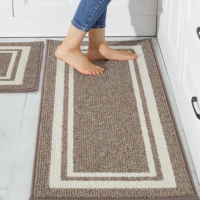 COSY HOMEER Kitchen Rugs Non-Slip 20x30/20x48 Inch Thick Polypropylene Standing Mat for Home Machine Washable, Brown Frame