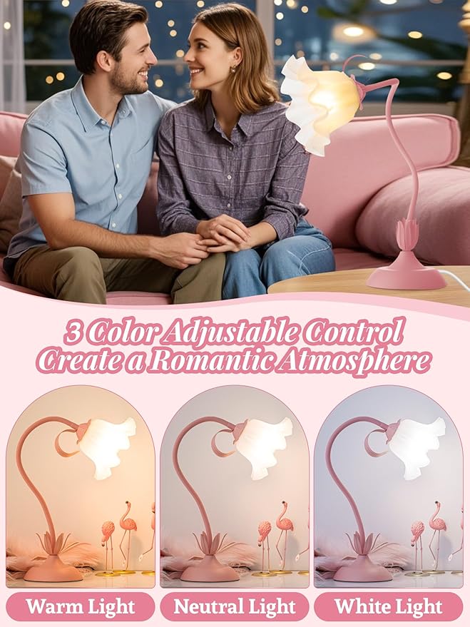 Flower Table Lamp Bedside Lamps LED Reading Light,3 Color Modes Cute Small Lamp,Vintage Flower Lamp Nightstand Lamp Kawaii Table Lamp for Bedroom Living Room Office Dorm Desk Home Decor (pink lamp)