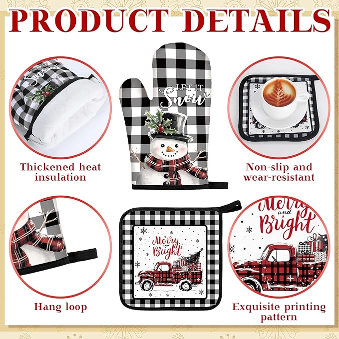 10 Pcs Christmas Kitchen Decor Sets, 4 Xmas Kitchen Dish Towels 2 Pot Holders 2 Oven Mitts Glove Buffalo Plaid Non Slip Rugs and Mats for Floor Home Christmas Decorations Accessories Gifts