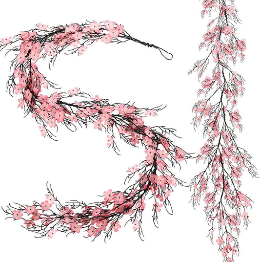 Zeyune 1 Pcs 6ft Long Christmas Witch and Princess Artificial Garland Pink and Green Peach Blossom with Dead Branches Garlands Decor for Front Door Kitchen Fireplace Home Indoor Outdoor