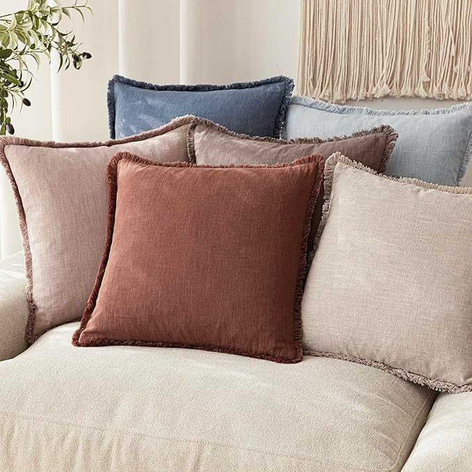 Foindtower Set of 2 Decorative Linen Fringe Lumbar Throw Pillow Covers Boho Farmhouse Cushion Cover with Tassels Soft Accent Pillowcase for Couch Sofa Bed Living Room Home Decor,12×24 Inch,Rust Red