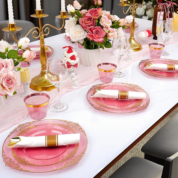 350 PCS Burgundy and Gold Plastic Plates, Disposable Dinnerware Set for 50 Guests, 100 Disposable Plates, 150 Silverwares, 50 Cups, 50 Napkins for Wedding, Party, Graduation