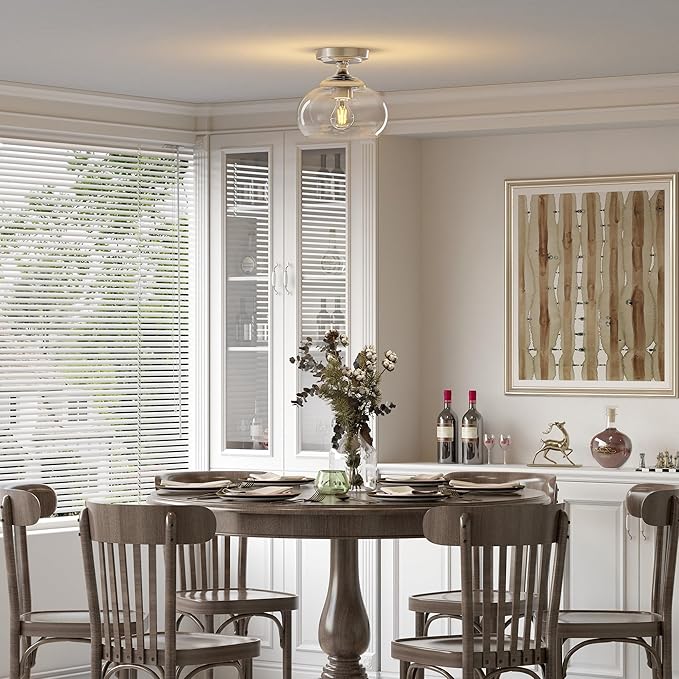 VONLUCE Industrial Semi Flush Mount Ceiling Light, 8.3" Ceiling Light Fixture with Clear Glass Shade, Farmhouse Lighting for Hallway Kitchen Bedroom Entryway, Brushed Nickel Flush Mount Light Fixture