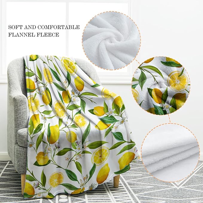 Jekeno Lemon Floral Blanket Yellow Fruits Green Leaves Print Gifts for Women Kids Girls Home Bedroom Living Room Decor Soft Cozy Lightweight Throw Blankets White 60"x80"