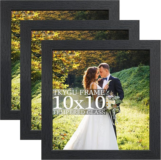 10x10 wood Picture Frame Set of 3, Made of Real Glass for 10x10 Black Frames, Wall and Tabletop Display Photo Frame for Home Décor Gallery Family Wedding Memorial Pic Frame Gift