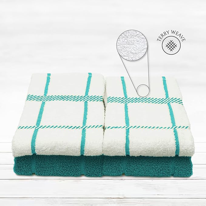 100% Cotton Terry Dish Cloth & Dish Towel (Teal, Dish Towel - 4 Pack)