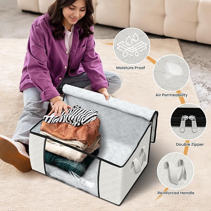 Fab totes 4 Pack Clothes Storage, Foldable Thick Fabric Blanket Storage Bags, Containers for Organizing Bedroom, Closet, Clothing, Comforter,Organization with Handle,Ivory White